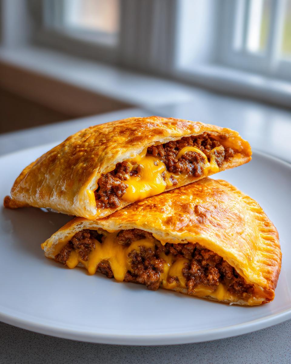 Two halves of a cheesy pocket taco cut open, showing a rich ground beef filling and gooey melted cheese.