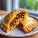 Close-up of a cheesy pocket taco cut in half showing ground beef filling and melted cheese.