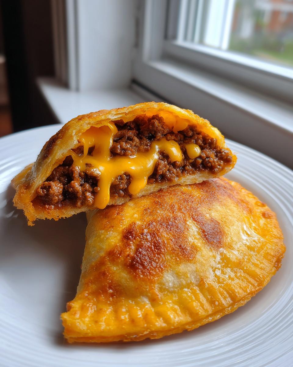 Close-up of cheesy pocket tacos cut in half showing ground beef filling and melted cheddar cheese.