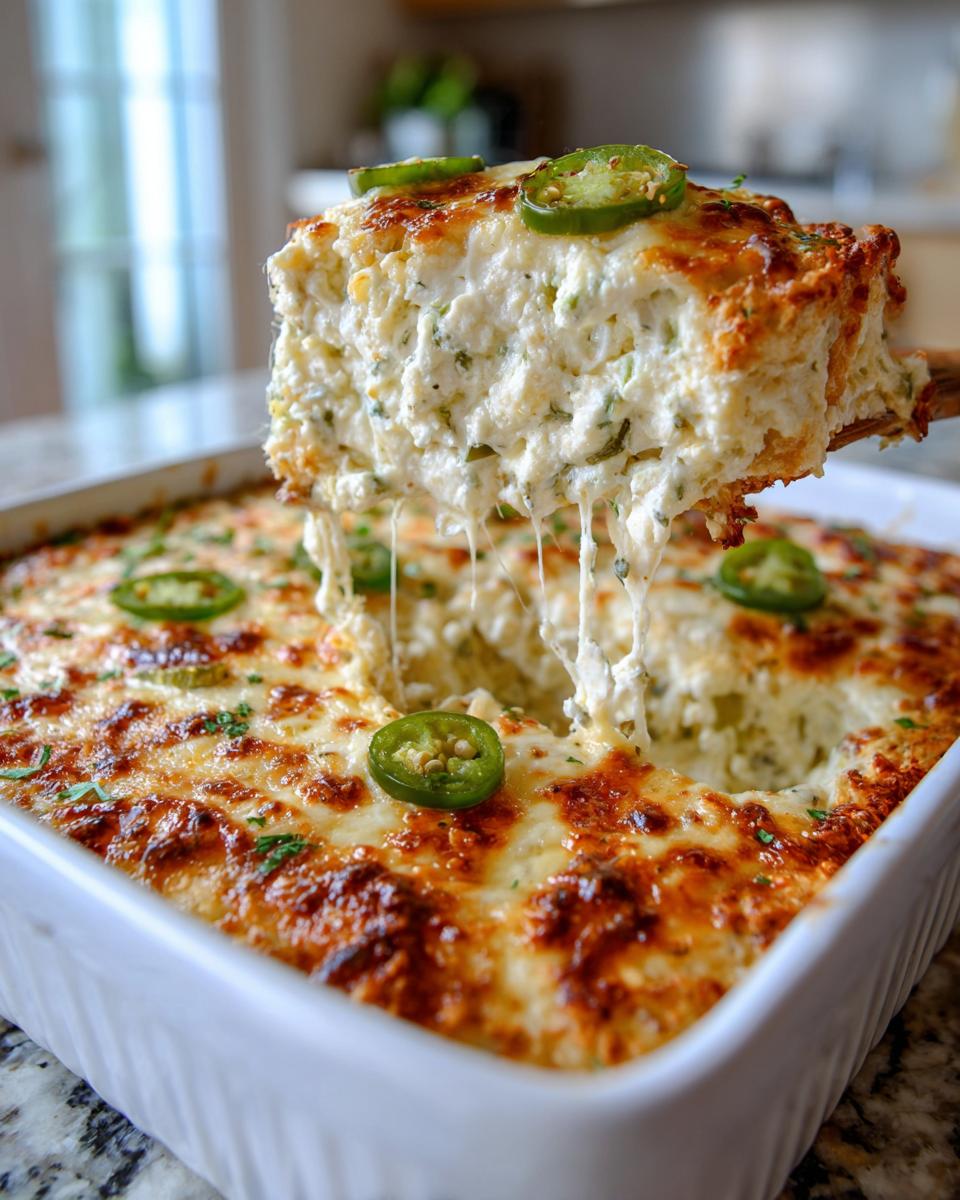 A scoop of hot, cheesy popper dip being lifted from a white baking dish, showing long cheese pulls and jalapeño slices.