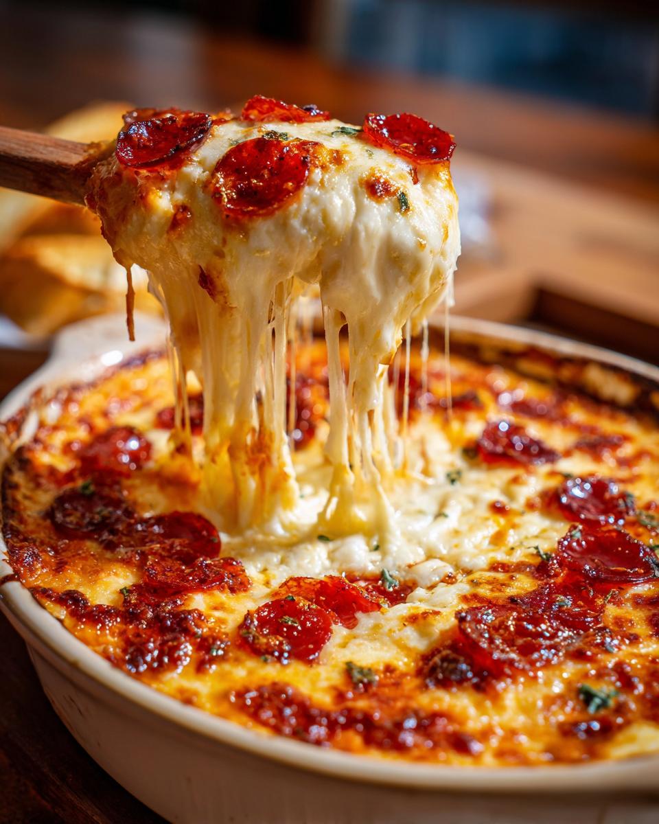 A wooden spoon lifts a scoop of hot, cheesy pizza dip topped with pepperoni, showing long, dramatic cheese pulls.