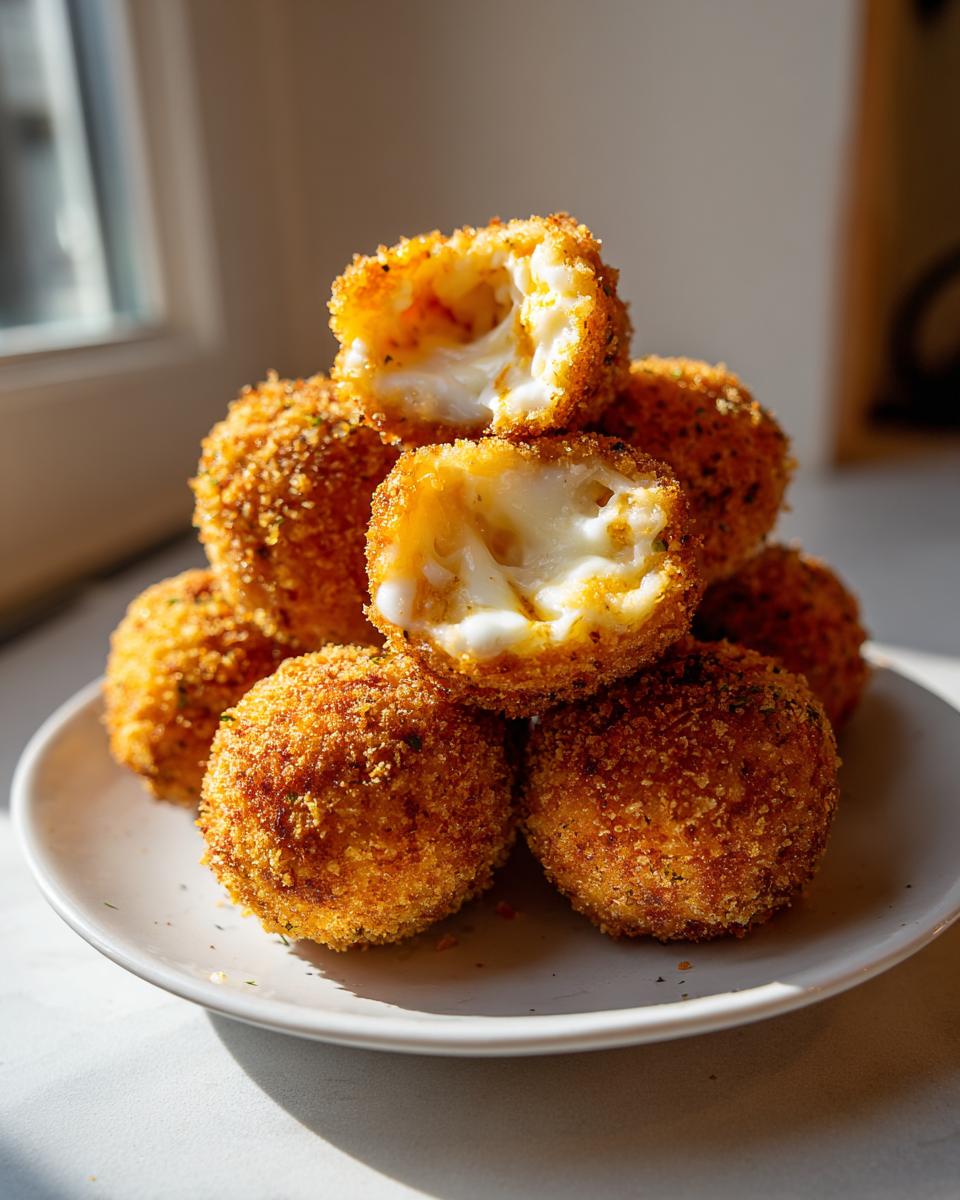 A stack of golden brown, crispy fried rice balls, with two at the top broken open revealing melted, gooey cheese inside.