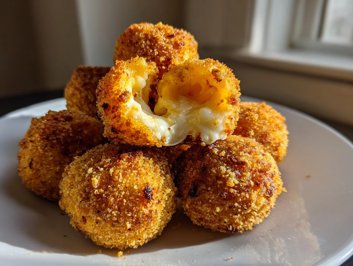 A close-up of golden-brown, crispy fried rice balls, with one broken open revealing melted cheese inside.