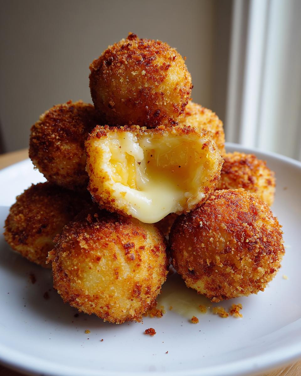 A stack of golden brown, crispy rice balls, with one broken open showing melted cheese oozing out.