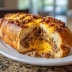 Cross-section of cheesy garbage bread stuffed with seasoned ground meat and topped with melted cheddar and bacon bits.
