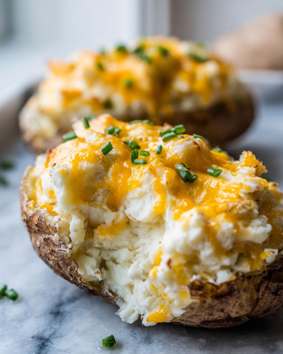 Close-up of a twice-baked potato casserole stuffed with creamy filling, melted cheddar cheese, and topped with fresh chives.