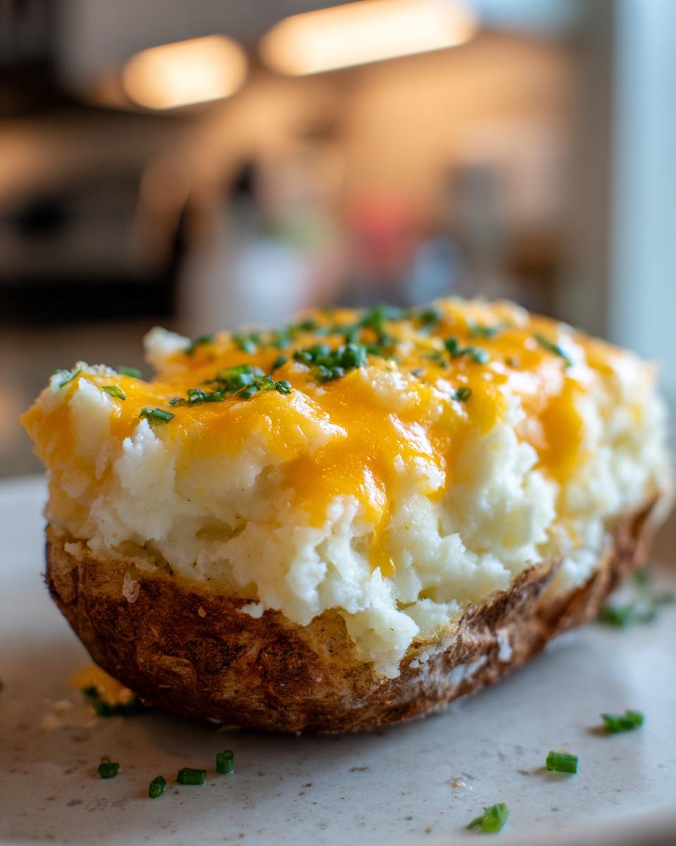 Close-up of a baked potato cut open, filled with fluffy mashed potato casserole, melted cheddar cheese, and fresh chives.