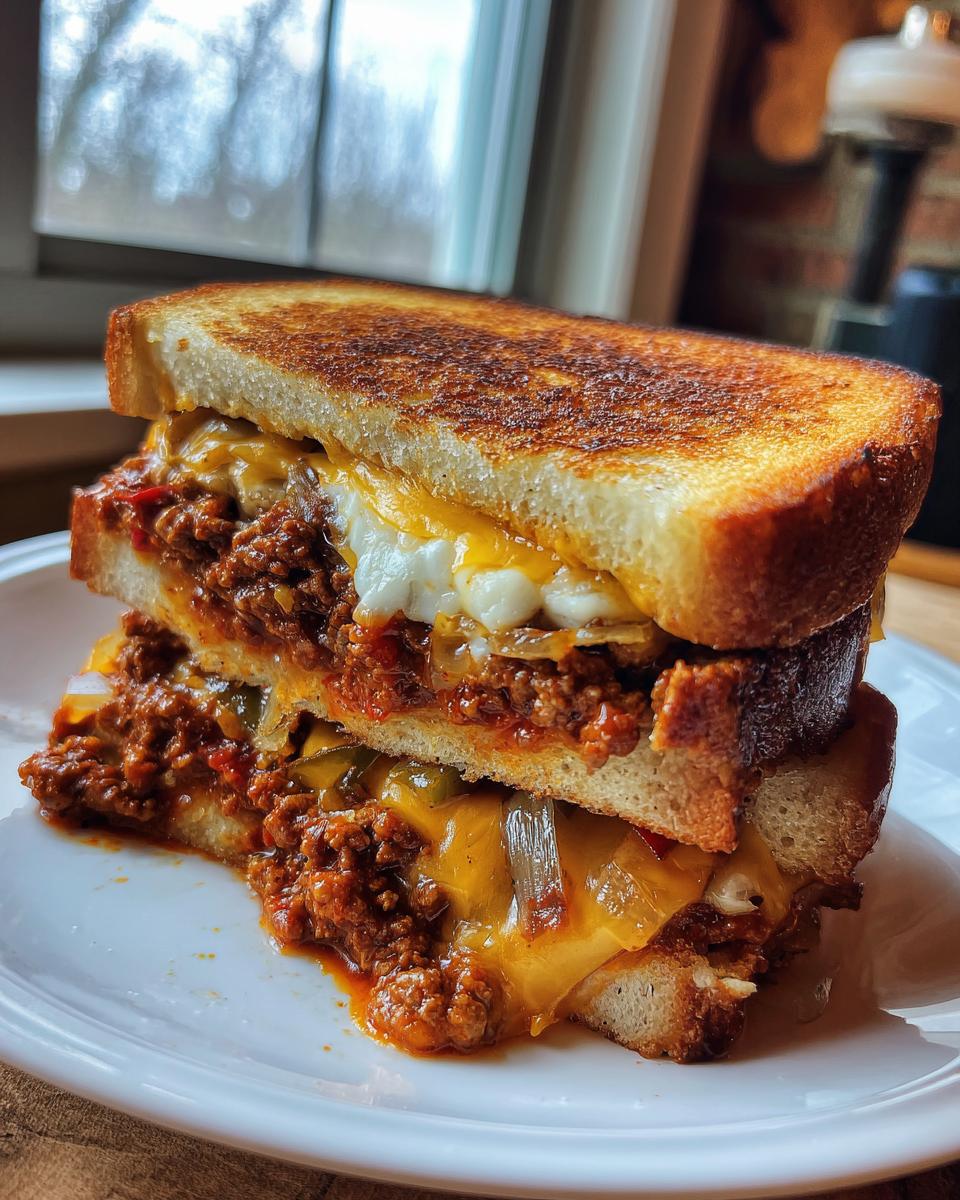 A hearty, cheesy texas toast sloppy joes sandwich cut in half, showing the meaty filling and melted cheddar cheese.