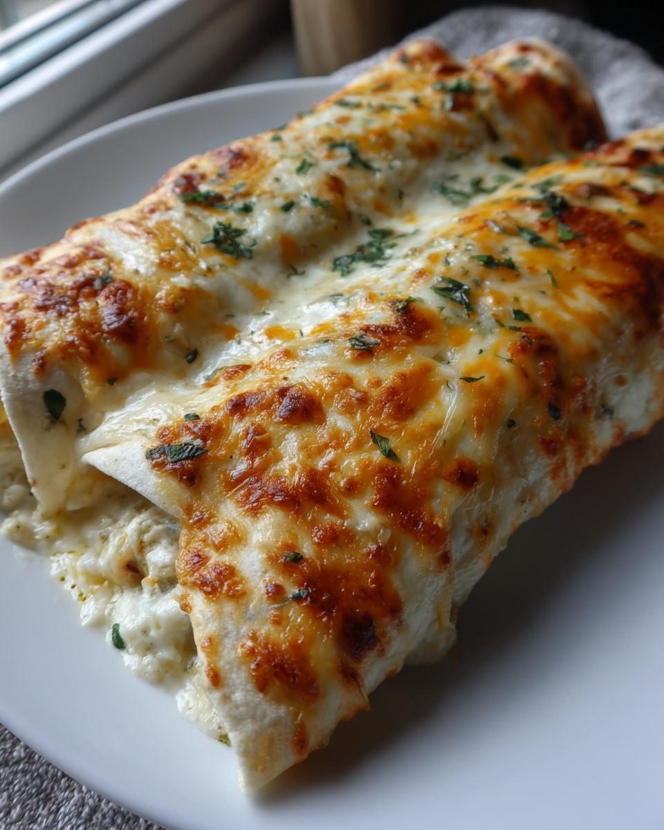 Two baked white chicken enchiladas covered in melted, bubbly, browned cheese and garnished with parsley.