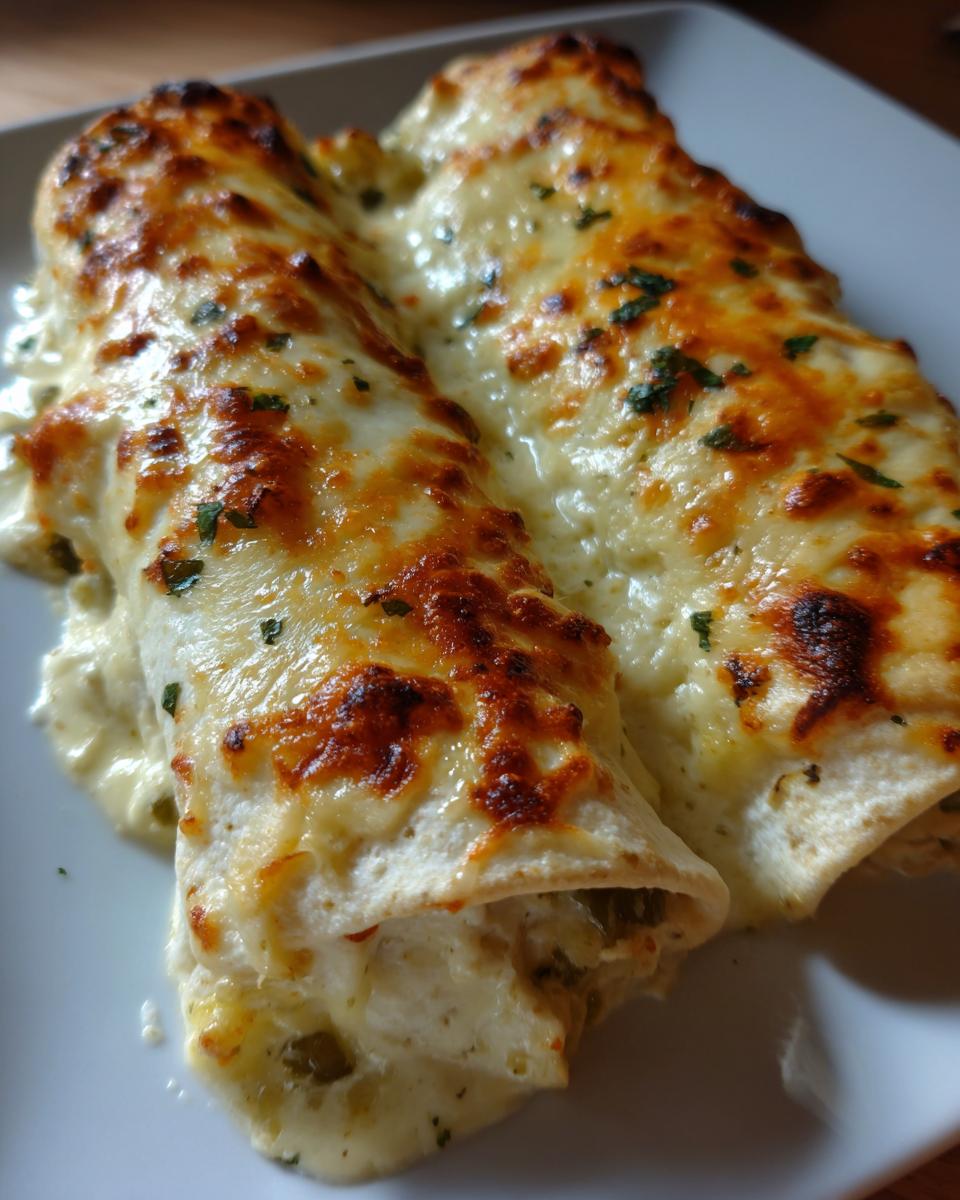 Two baked white chicken enchiladas covered in melted, bubbly, browned cheese sauce and sprinkled with herbs.