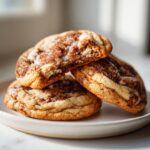 A stack of three soft, chewy coffee cake cookies topped with cinnamon sugar and coarse salt crystals.