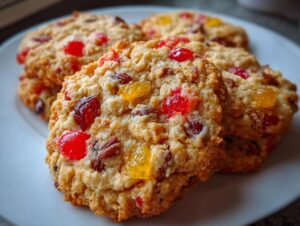 A close-up of several golden-brown fruitcake cookies loaded with red and yellow candied fruit and pecans on a white plate.