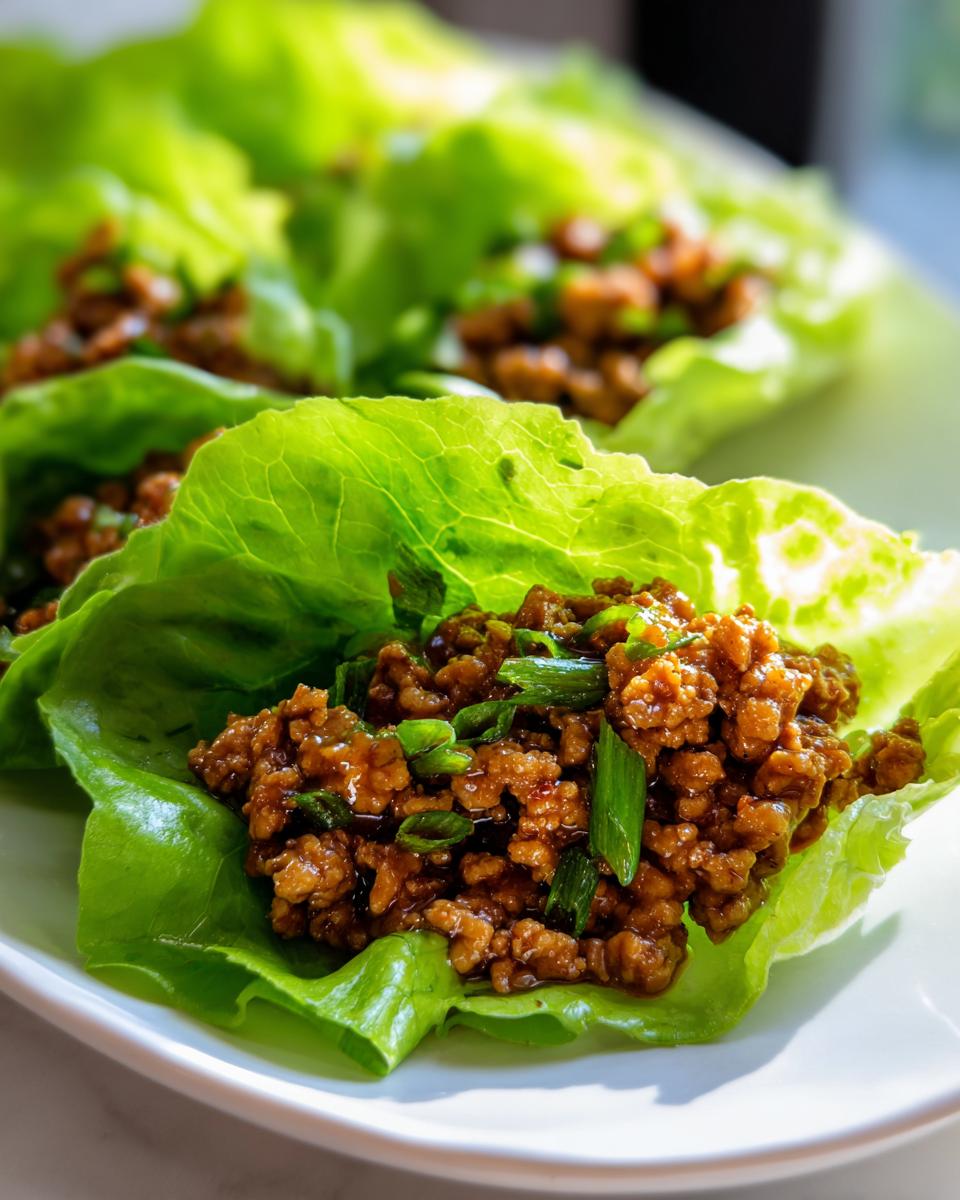 A close-up view of savory ground chicken lettuce wraps topped with fresh green onions.