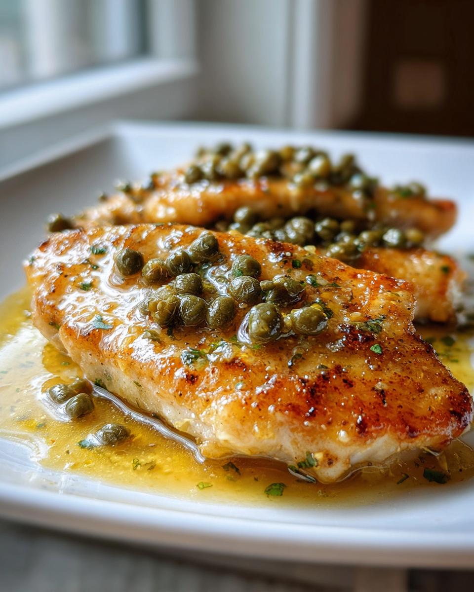 Close-up of pan-seared chicken piccata fillets covered in a bright lemon-butter sauce and capers.