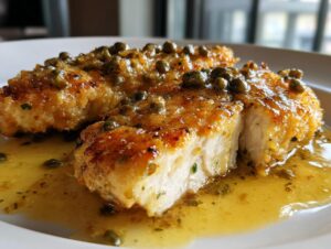 Close-up of two golden brown chicken piccata cutlets covered in a bright lemon-butter sauce and topped with capers.