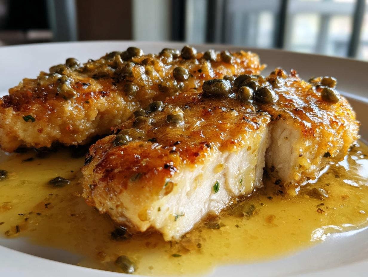 Close-up of two golden brown chicken piccata cutlets covered in a bright lemon-butter sauce and topped with capers.