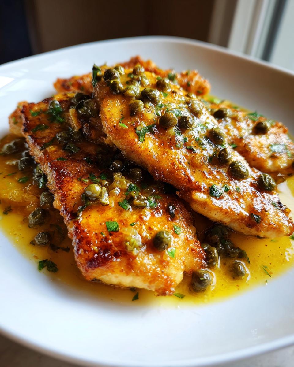 Close-up of golden pan-fried chicken piccata fillets covered in a bright lemon butter sauce and capers.