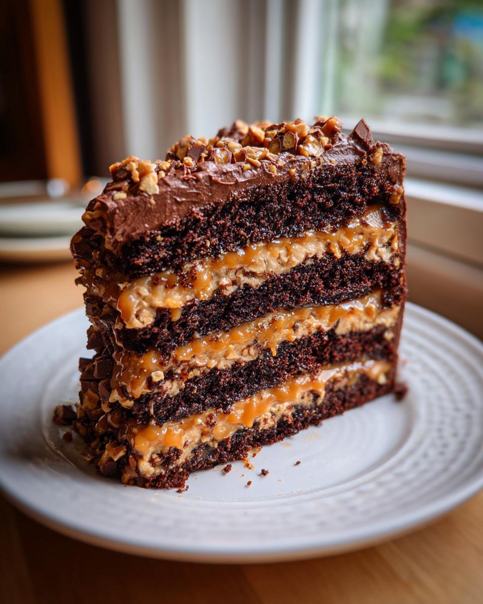 A tall slice of chocolate caramel toffee crunch cake showing four dark chocolate layers separated by thick caramel filling.