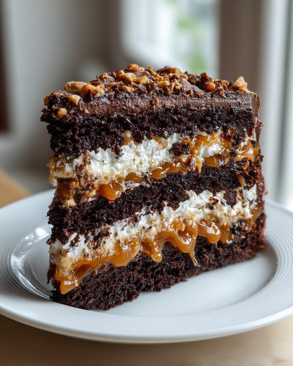 A decadent slice of chocolate caramel toffee crunch cake showing dark layers, white filling, and dripping caramel sauce.