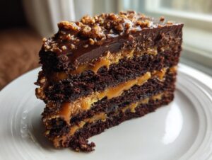 A decadent slice of chocolate caramel toffee crunch cake showing rich layers of dark cake and gooey caramel filling.