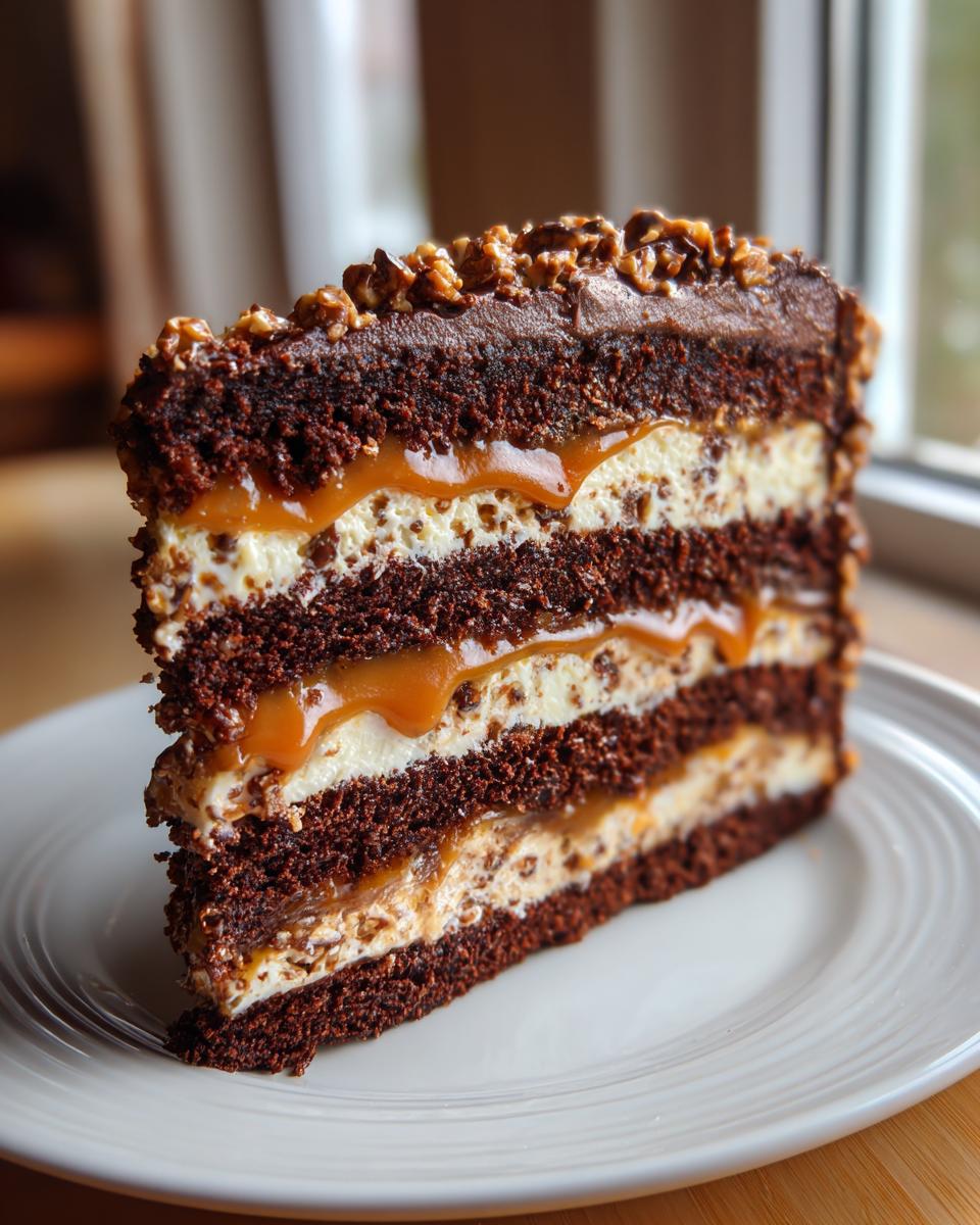 A tall, decadent slice of chocolate caramel toffee crunch cake showing four layers of dark cake, cream, and dripping caramel.
