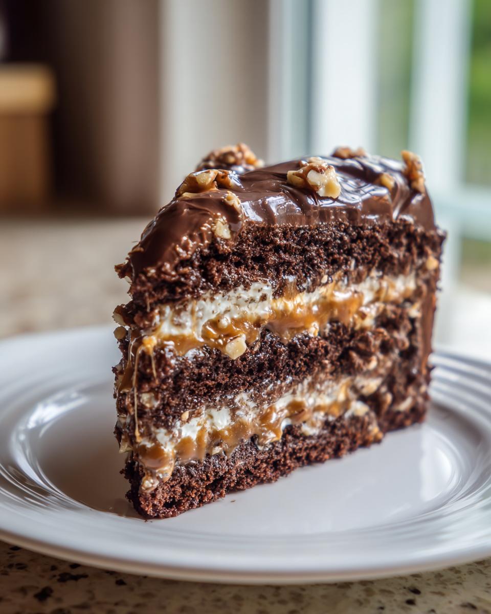 A decadent slice of chocolate caramel toffee crunch cake with multiple layers of dark cake, cream, and caramel filling, topped with walnuts.