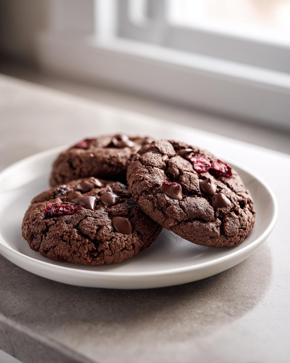Three rich, dark chocolate cherry cookies topped with chocolate chips and dried cherries, resting on a white plate.