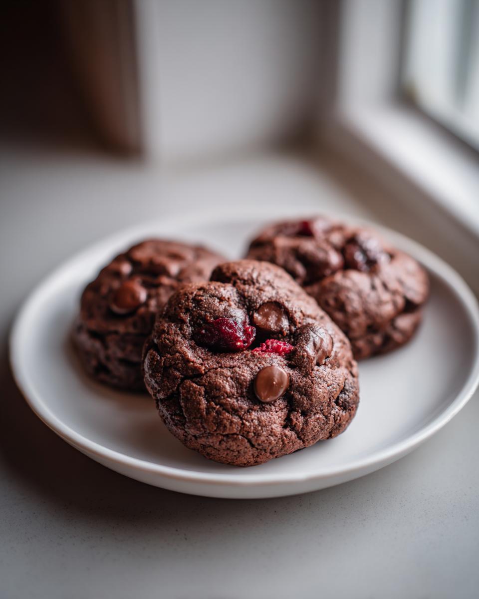 Three rich, dark chocolate cherry cookies with visible chocolate chips and dried cherries, resting on a small white plate.