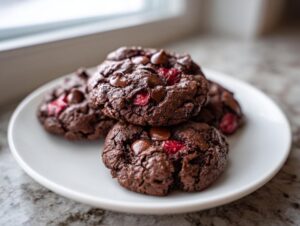 A close-up of several rich, dark chocolate cherry cookies with visible chocolate chips and bright red cherry pieces.
