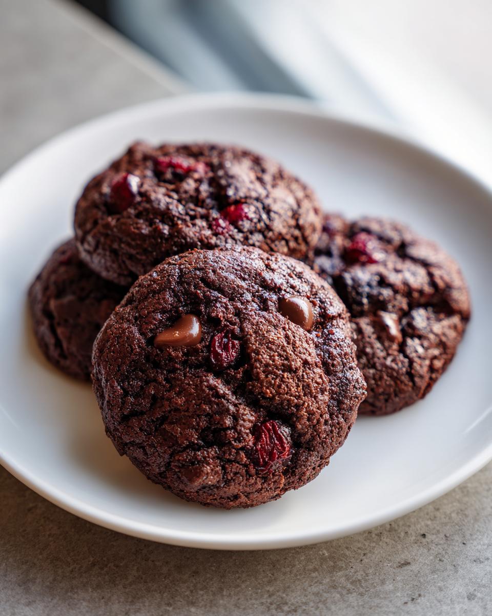 Four rich, dark chocolate cherry cookies with visible chocolate chips and dried cherries stacked on a white plate.