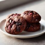 Close-up of several rich, dark chocolate cherry cookies stacked on a small white plate.