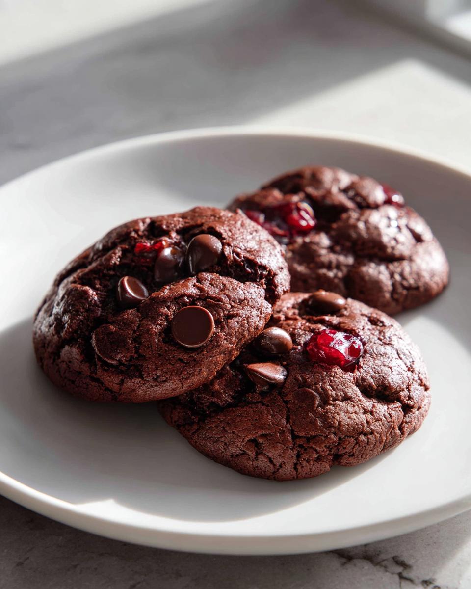Three decadent chocolate cherry cookies, studded with chocolate chips and bright red cherries, resting on a white plate.