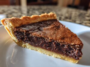 Close-up of a rich, dark slice of chocolate chess pie showing the flaky crust and dense, fudgy filling.