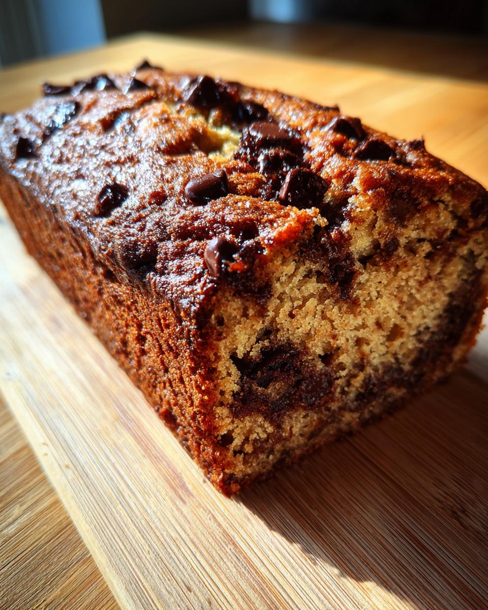 Close-up of a moist chocolate chip banana bread recipe loaf with a golden brown crust on a wooden cutting board.