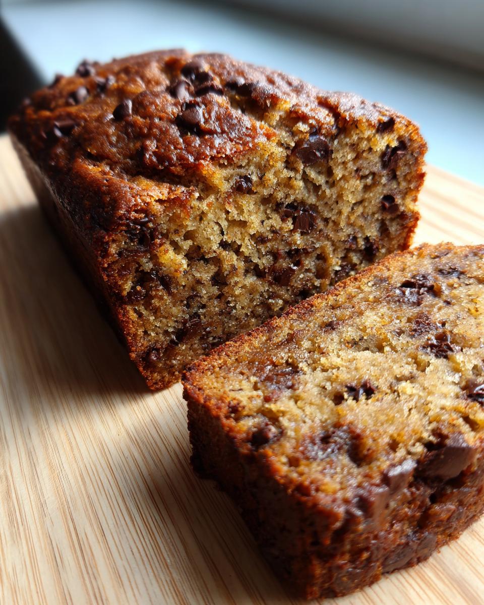 A close-up view of a freshly baked chocolate chip banana bread recipe loaf, sliced open to show texture.