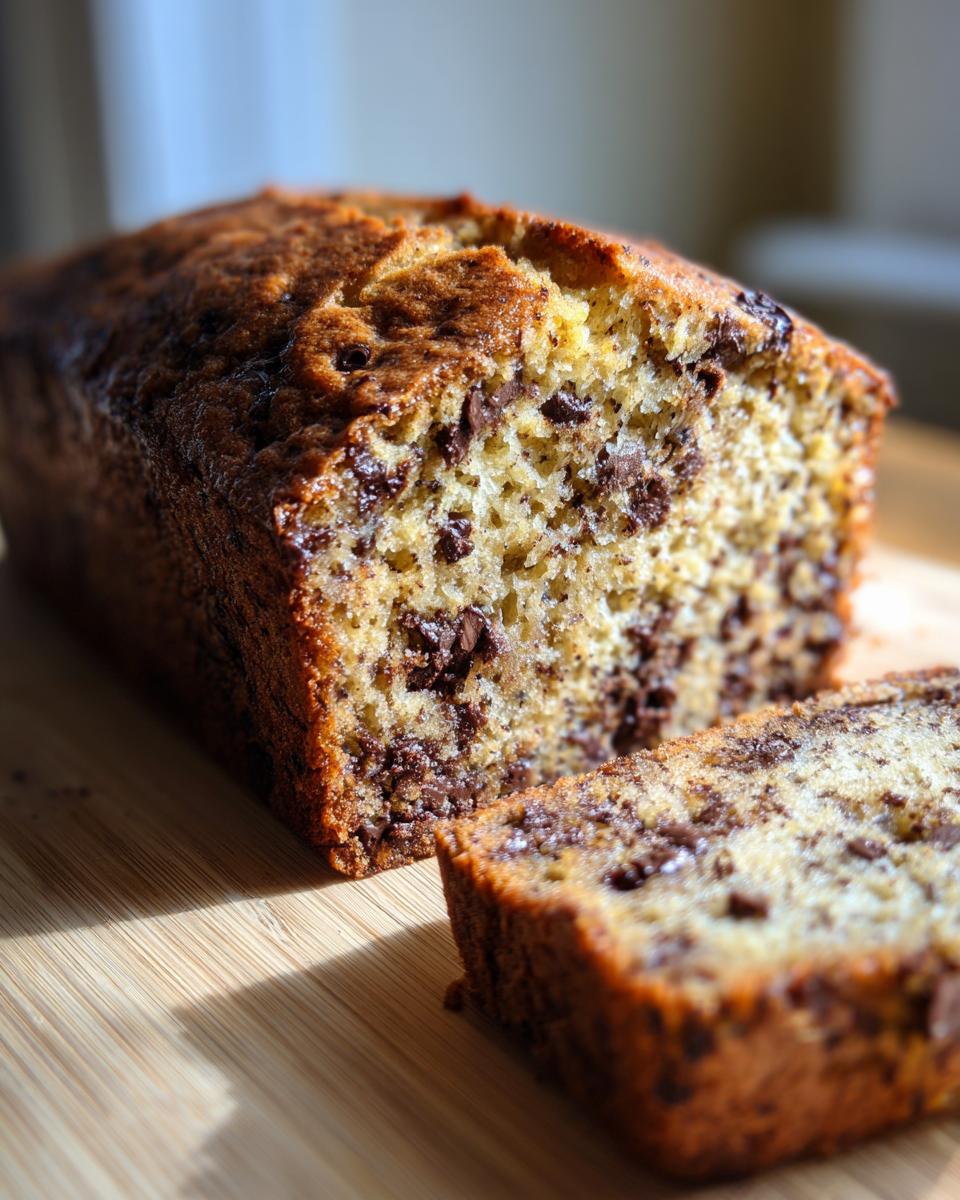 Close-up of a freshly baked chocolate chip banana bread loaf with one slice cut, showing moist texture and melted chips.