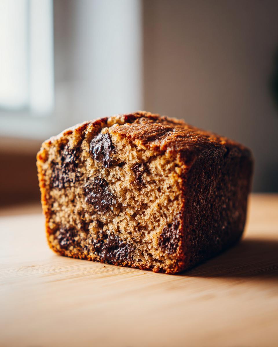 Close-up of a moist slice of chocolate chip banana bread showing rich texture and melted chips.
