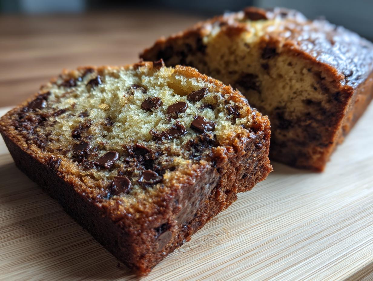 Close-up of a moist slice of chocolate chip banana bread recipe showing melted chocolate chips.