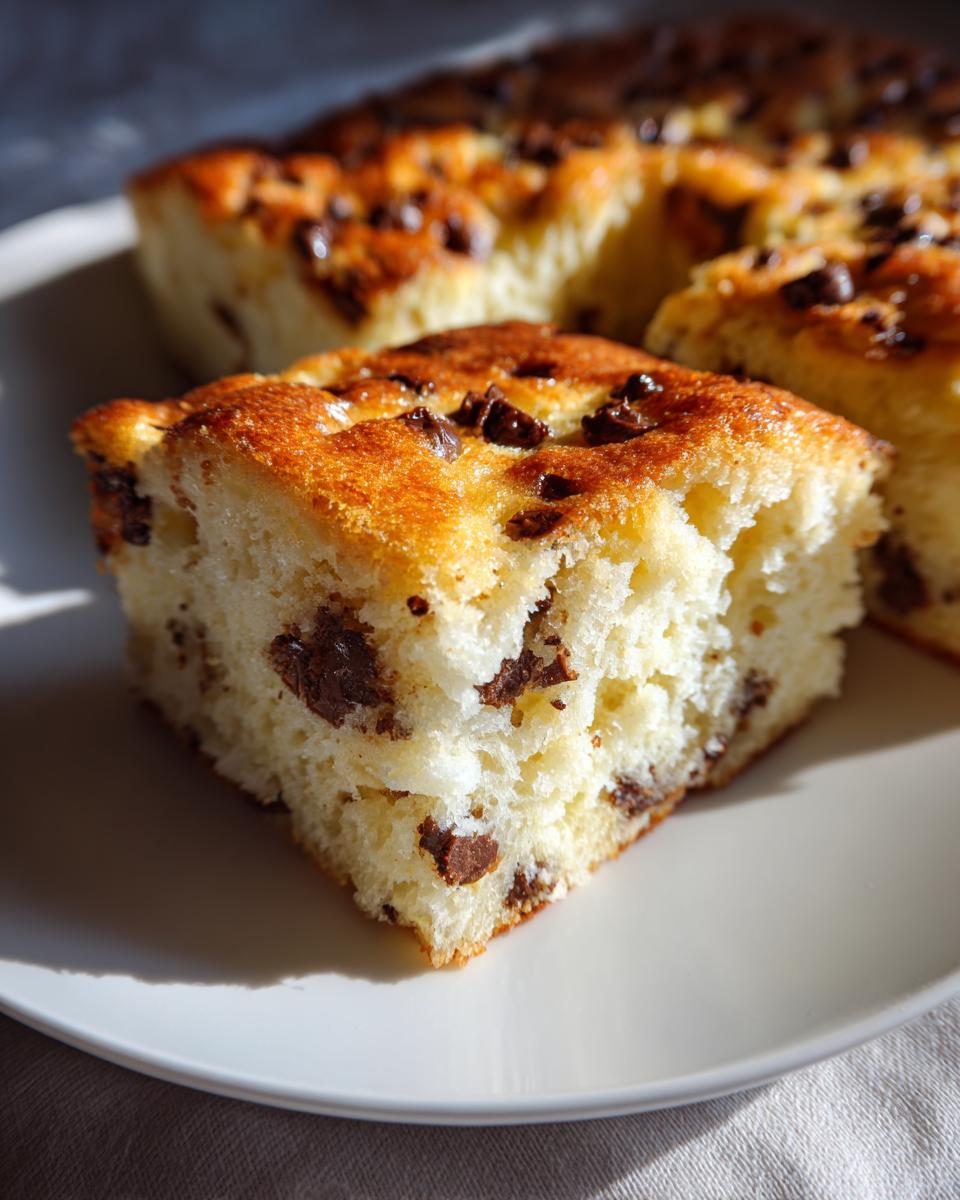 Close-up of a thick, fluffy square slice of chocolate chip sheet pan pancakes on a white plate.