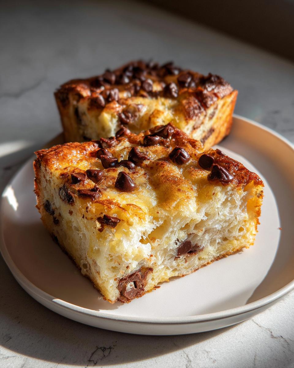 A close-up of a square slice of chocolate chip sheet pan pancakes on a plate.