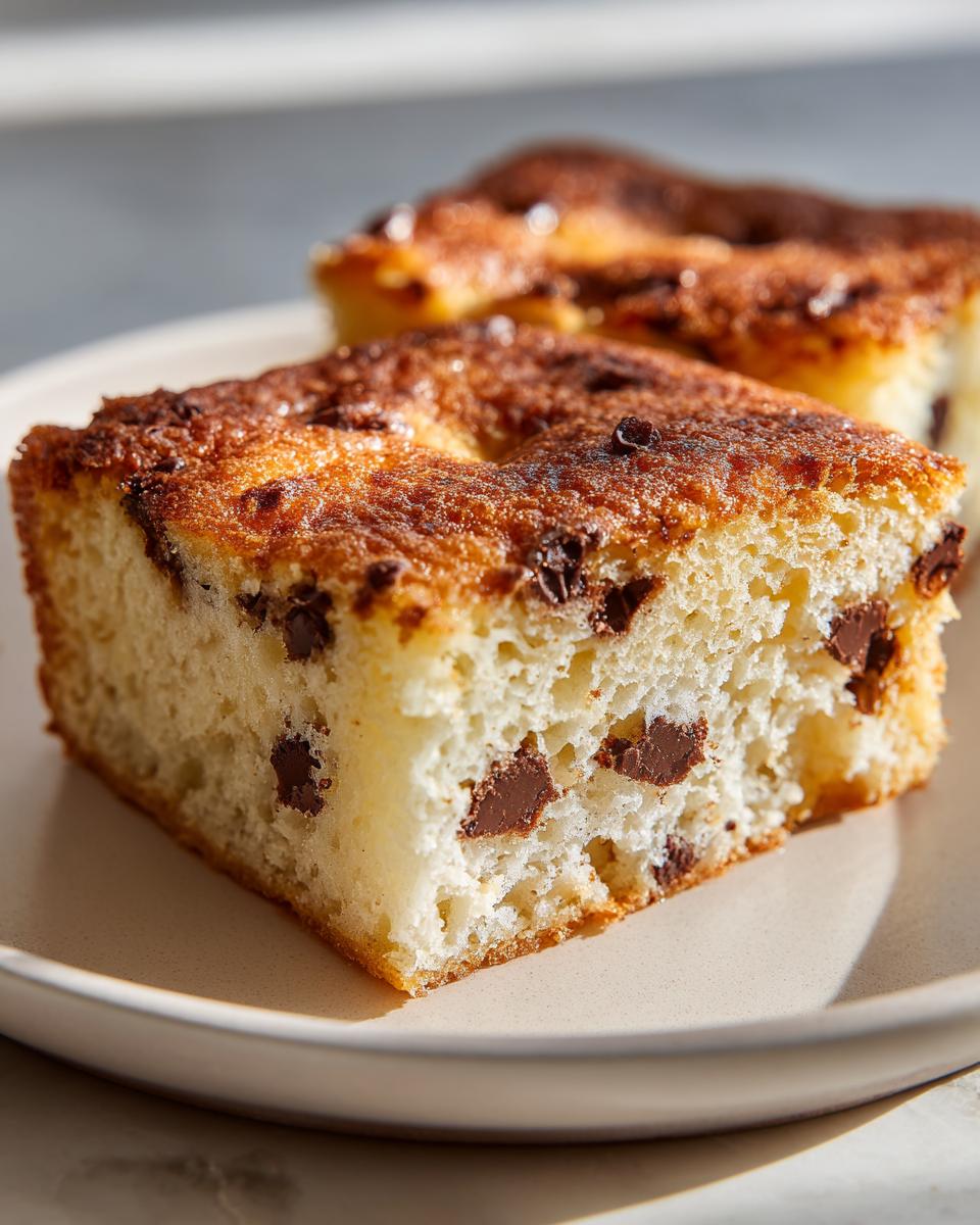Close-up of a fluffy slice of chocolate chip sheet pan pancakes on a plate.