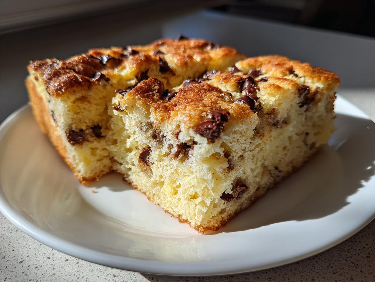 Two thick slices of fluffy chocolate chip sheet pan pancakes served on a white plate.
