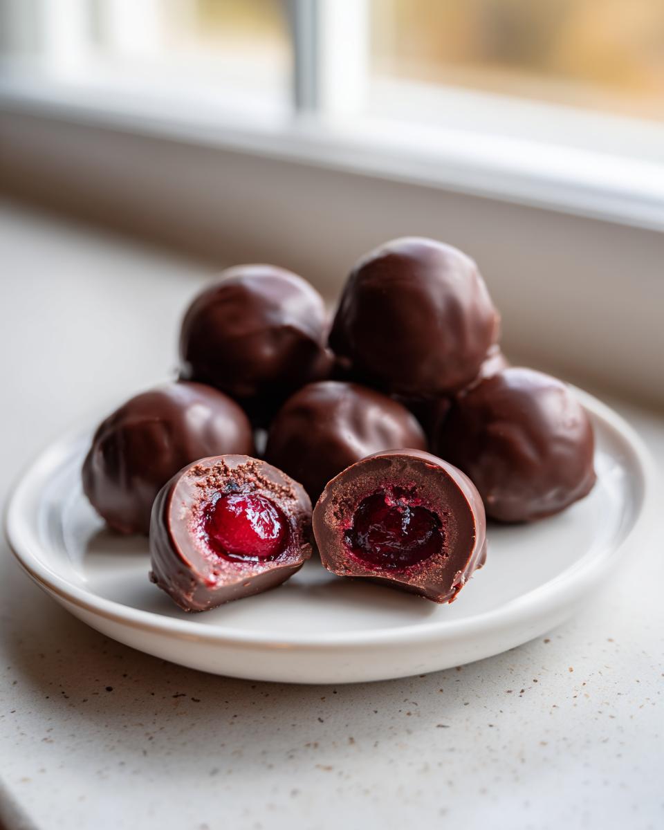Close-up of homemade chocolate covered cherries, one cut in half showing the juicy cherry filling.