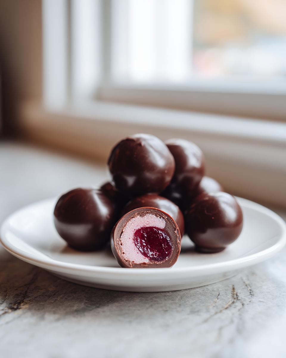 A pile of homemade chocolate covered cherries, with one cut in half showing the pink filling and dark cherry center.