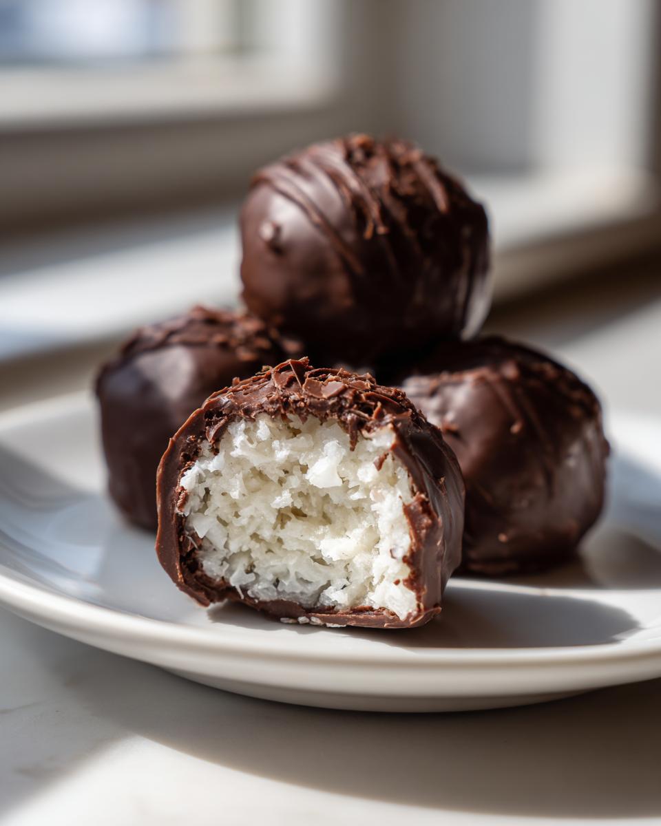 A close-up of chocolate covered coconut balls, with one bitten open revealing the shredded white coconut filling.