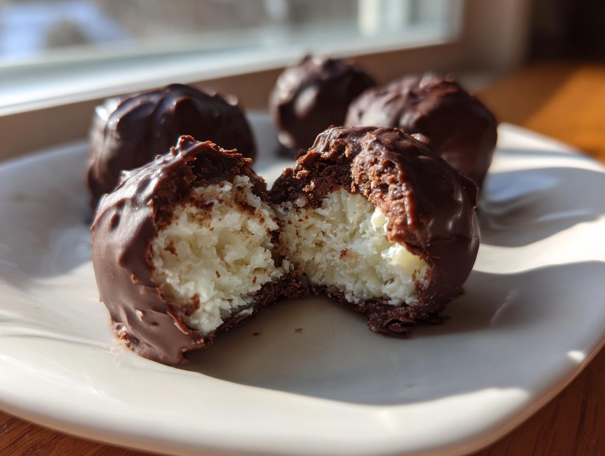 Close-up of chocolate covered coconut balls, with one cut in half revealing the white shredded coconut filling.