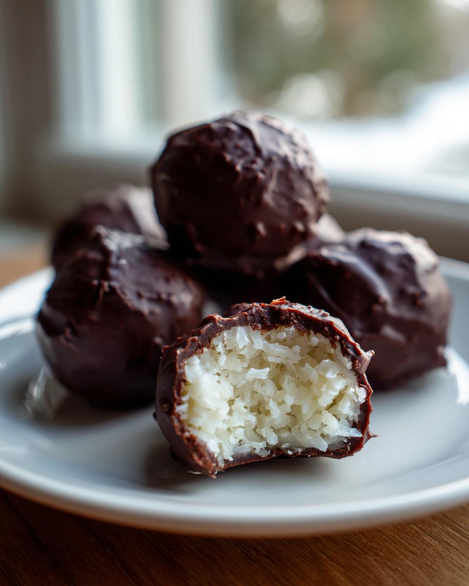 A close-up of chocolate covered coconut balls, with one bitten open revealing the shredded coconut filling.
