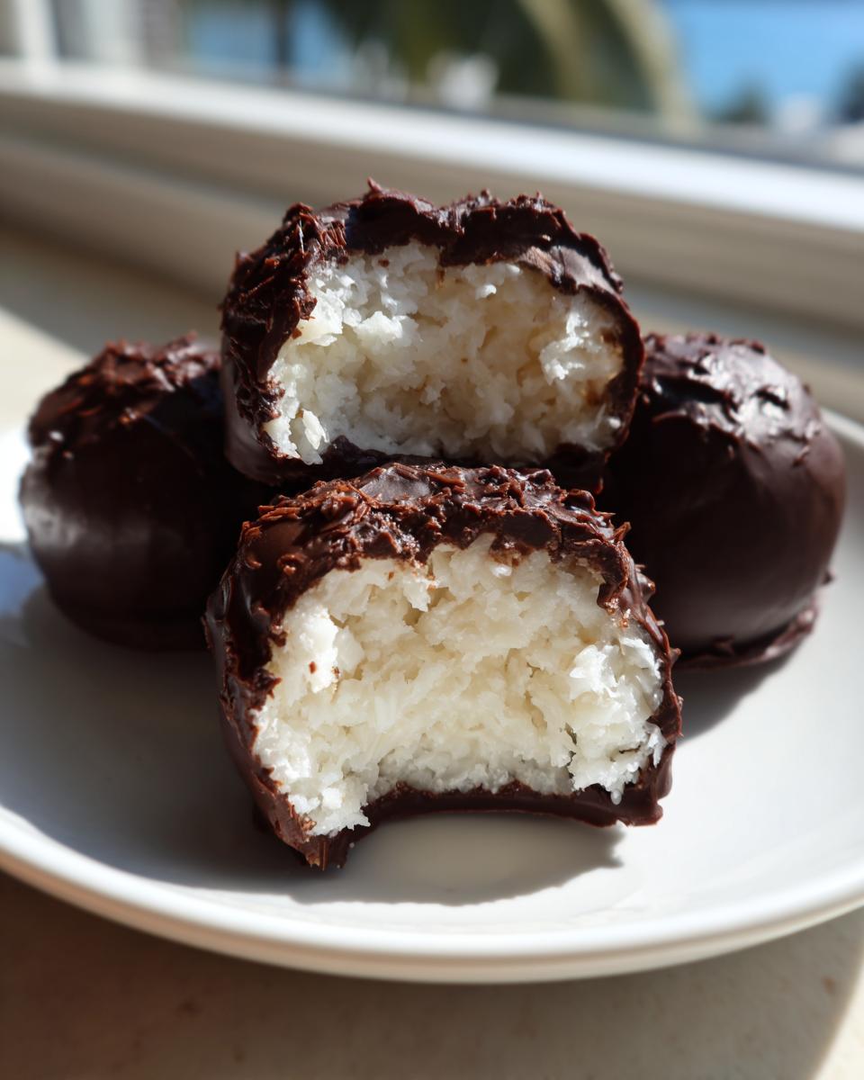 Close-up of homemade chocolate covered coconut balls, one bitten to show the shredded white coconut filling.