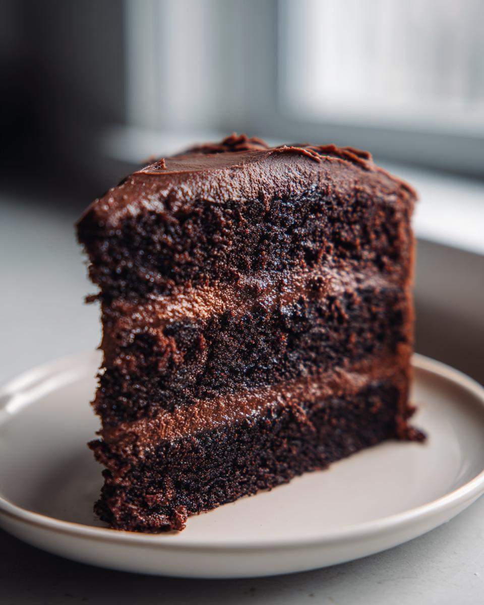 Close-up of a moist, three-layer chocolate fudge cake slice with rich frosting on a light plate.