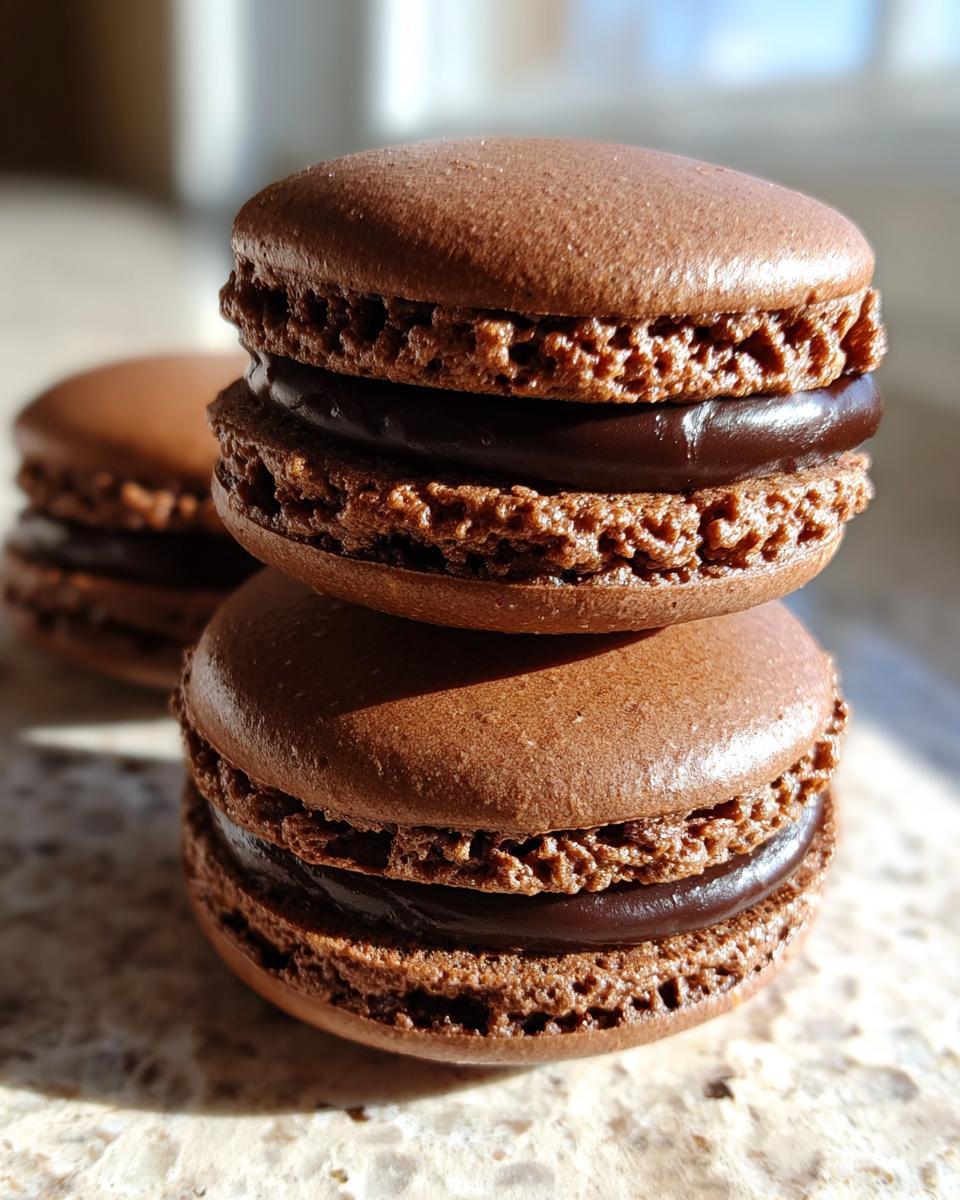 Close-up of two stacked, rich brown chocolate macarons showing ruffled feet and dark ganache filling.